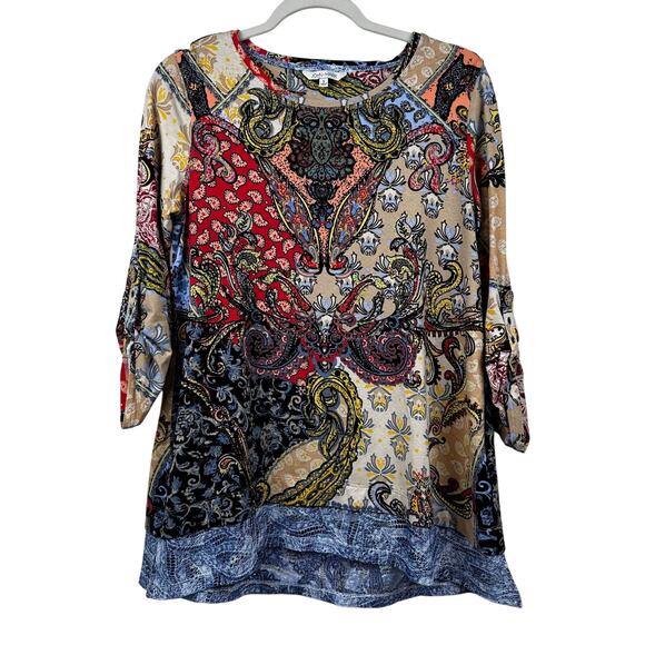 John Mark Blouse Top Paisley Mixed Media Knit Multi Color Small Artsy Boho - Picture 1 of 9